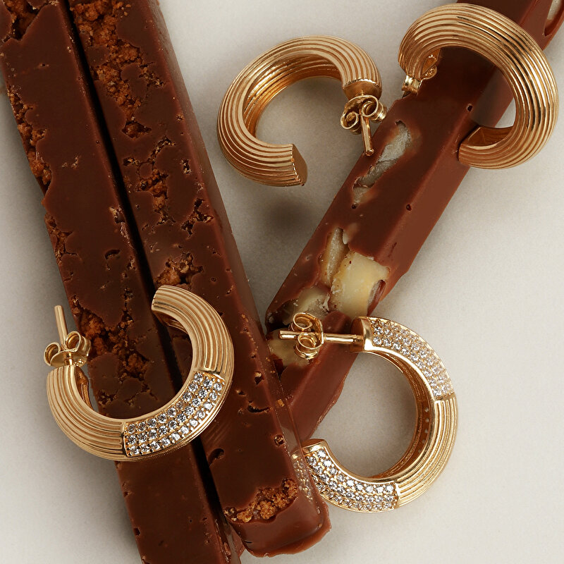 14 Ayar Sarı Altın Taşlı Halka Küpe