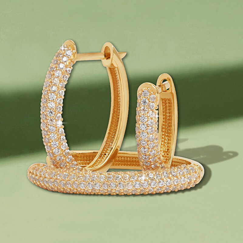 14 Ayar Sarı Altın Taşlı Halka Küpe