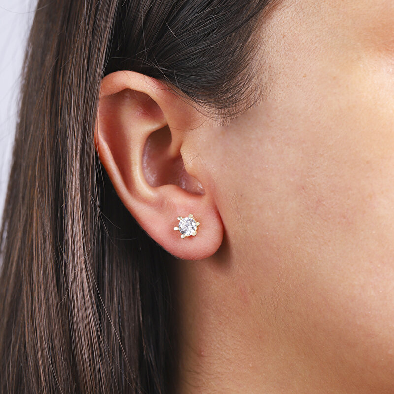 14 Ayar Sarı Altın Tektaş Küpe