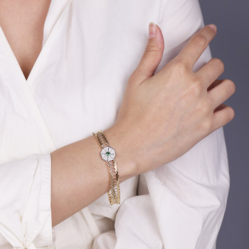 14 Ayar Sarı Altın Trend Yeşil Taşlı Bileklik