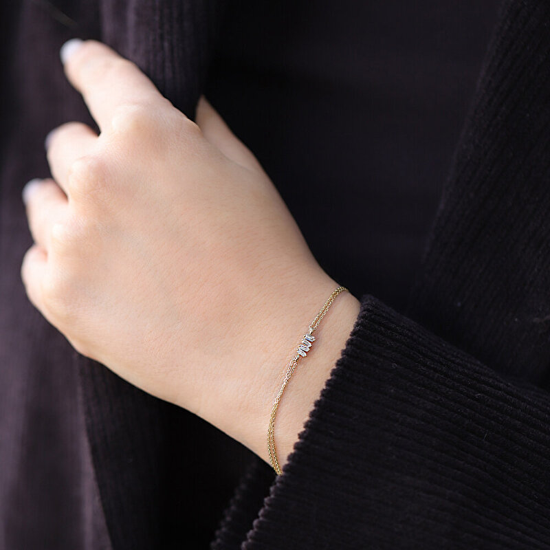 14 Ayar Sarı Altın Baget Taşlı Minimal Bileklik