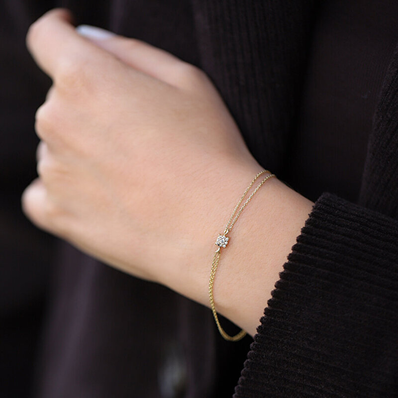 14 Ayar Sarı Altın Taşlı Minimal Bileklik