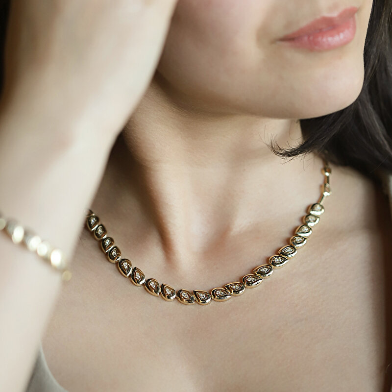 14 Ayar Sarı Altın Damla Taşlı Gerdanlık Kolye