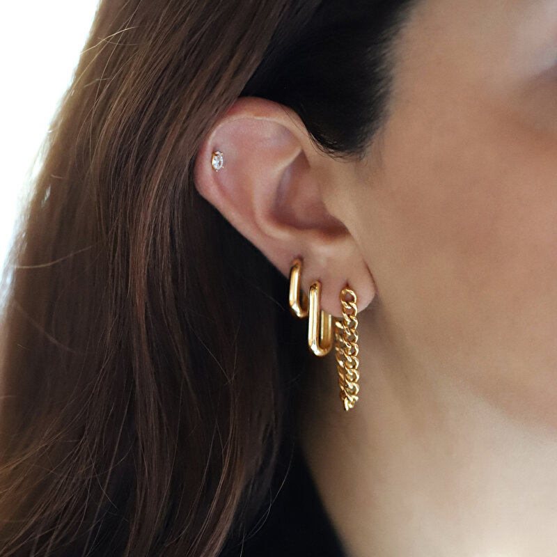 14 Ayar Sarı Altın Dikdörtgen Halka Küpe