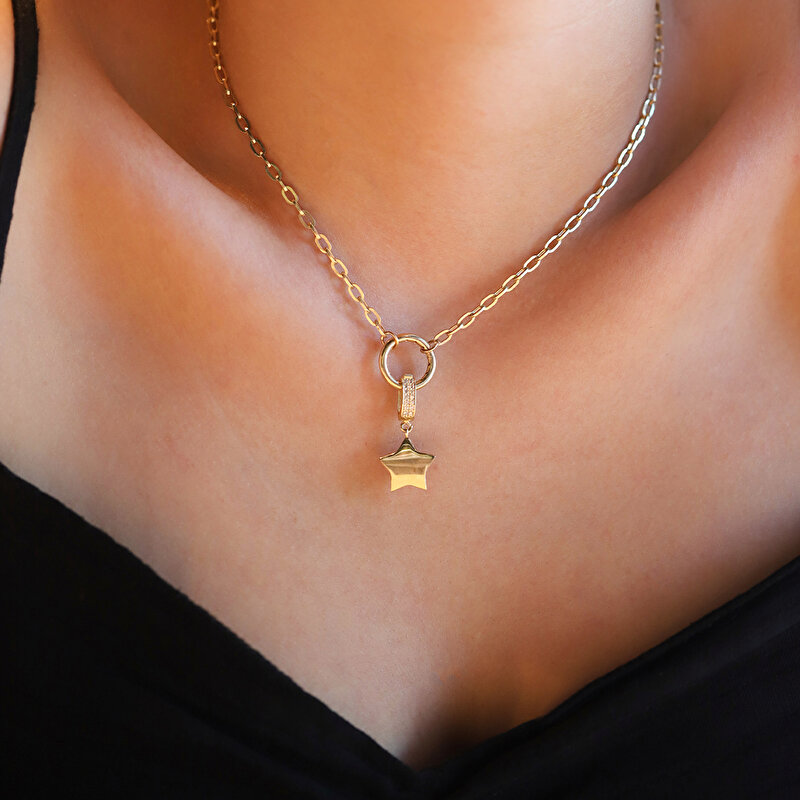 14 Ayar Sarı Altın Taşlı Yıldız Kolye Ucu