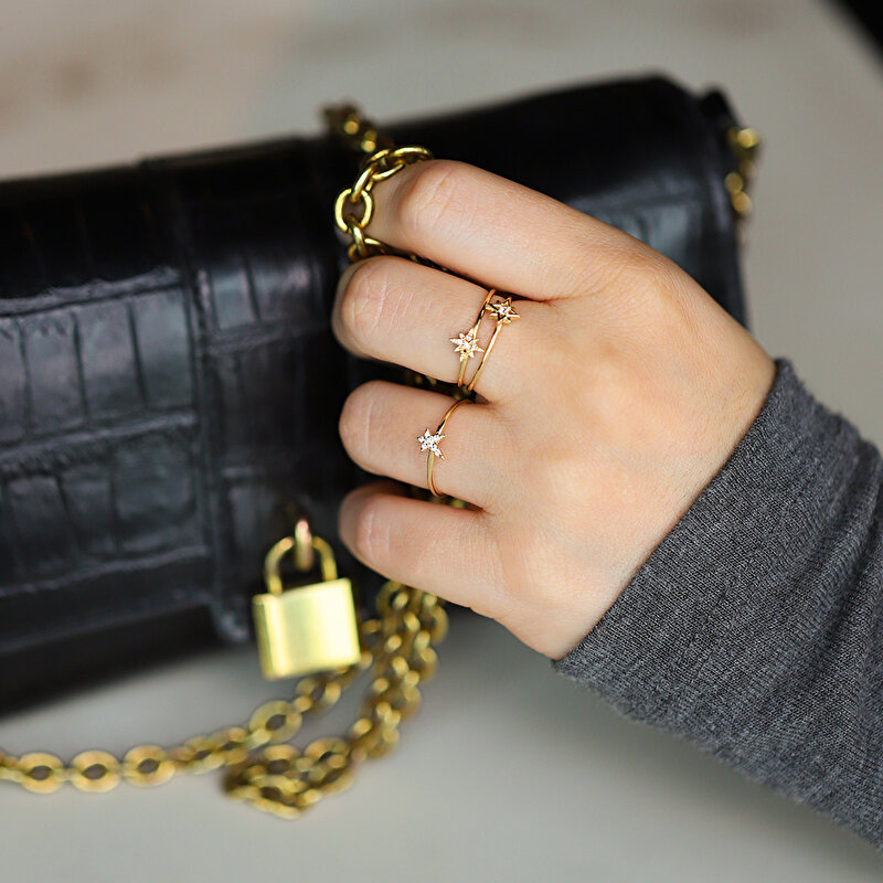 14 Ayar Sarı Altın Kutup Yıldızı Minimal Yüzük