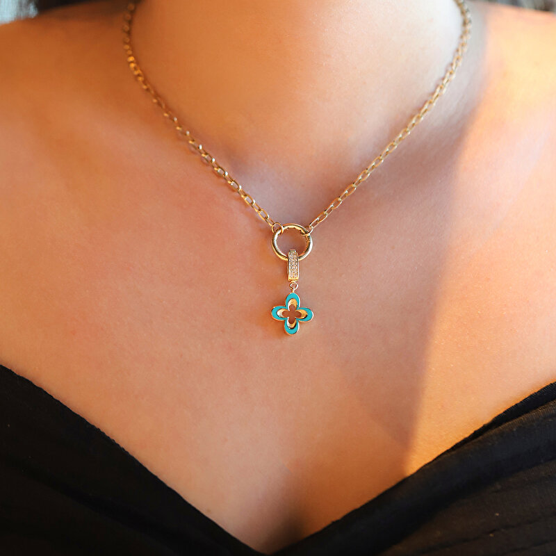 14 Ayar Sarı Altın Mavi Mineli Yonca Kolye Ucu