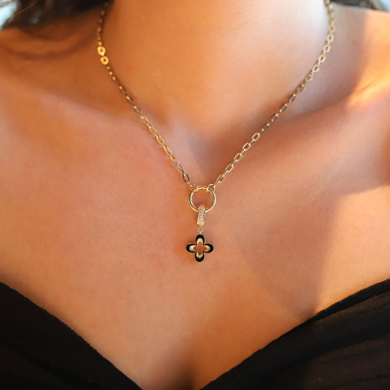 14 Ayar Sarı Altın Siyah Mineli Yonca Kolye Ucu