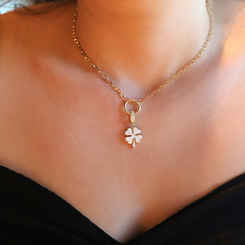 14 Ayar Sarı Altın Beyaz Mineli Yonca Kolye Ucu