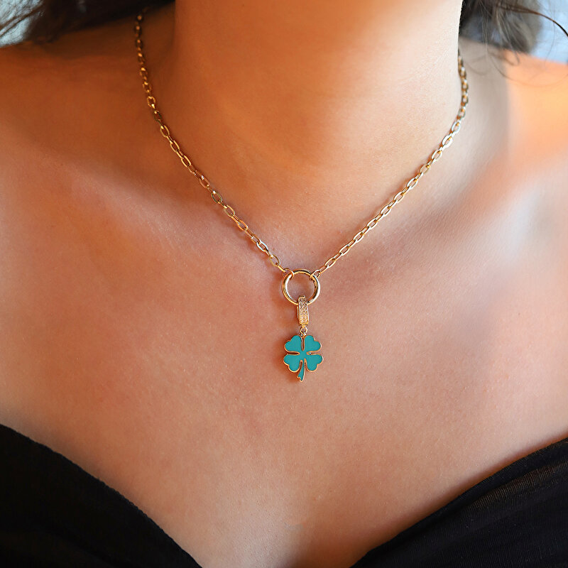 14 Ayar Sarı Altın Mavi Mineli Yonca Kolye Ucu