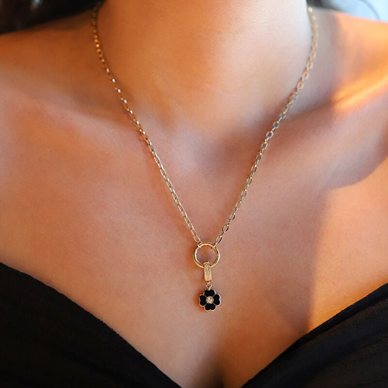 14 Ayar Sarı Altın Siyah Mineli Yonca Kolye Ucu