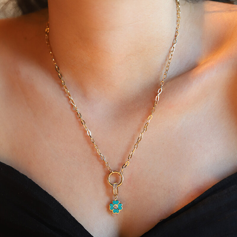 14 Ayar Sarı Altın Mavi Mineli Yonca Kolye Ucu