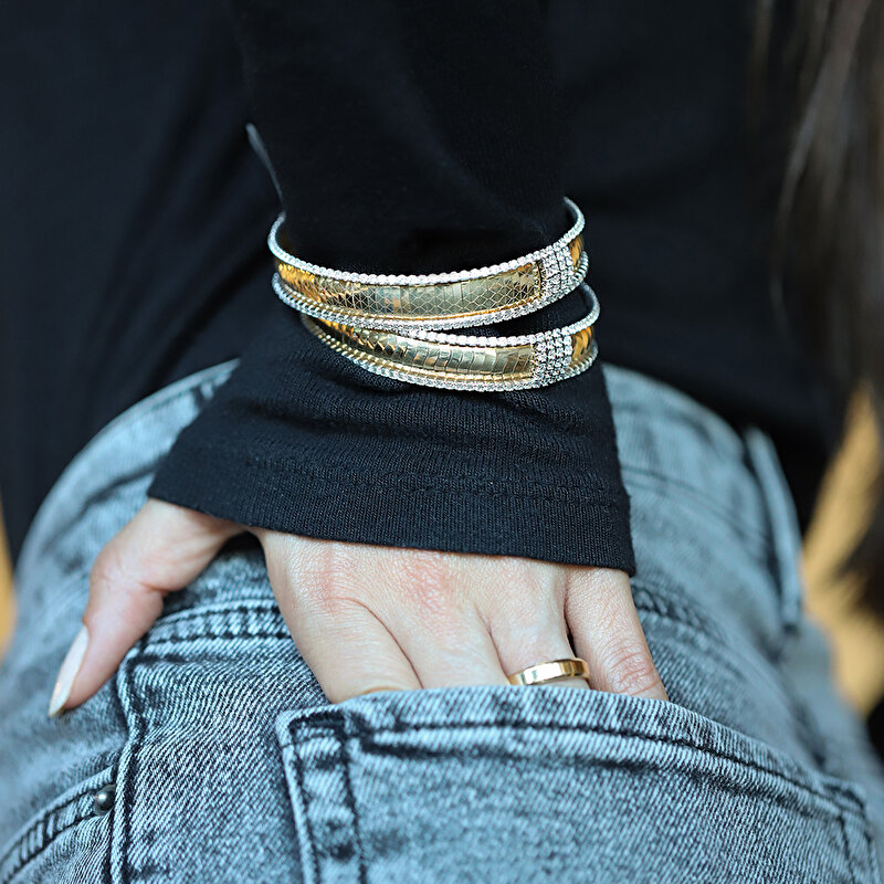 14 Ayar Sarı-Beyaz Altın Taşlı Kelepçe Bilezik