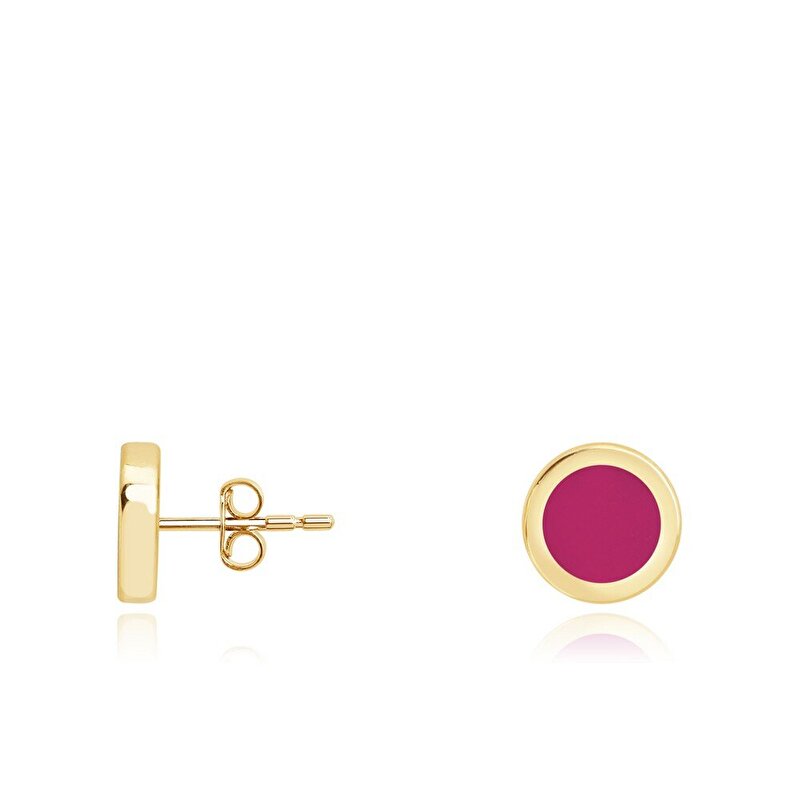 14 Ayar Sarı Altın Pembe Mineli Geometrik Figürlü Küpe