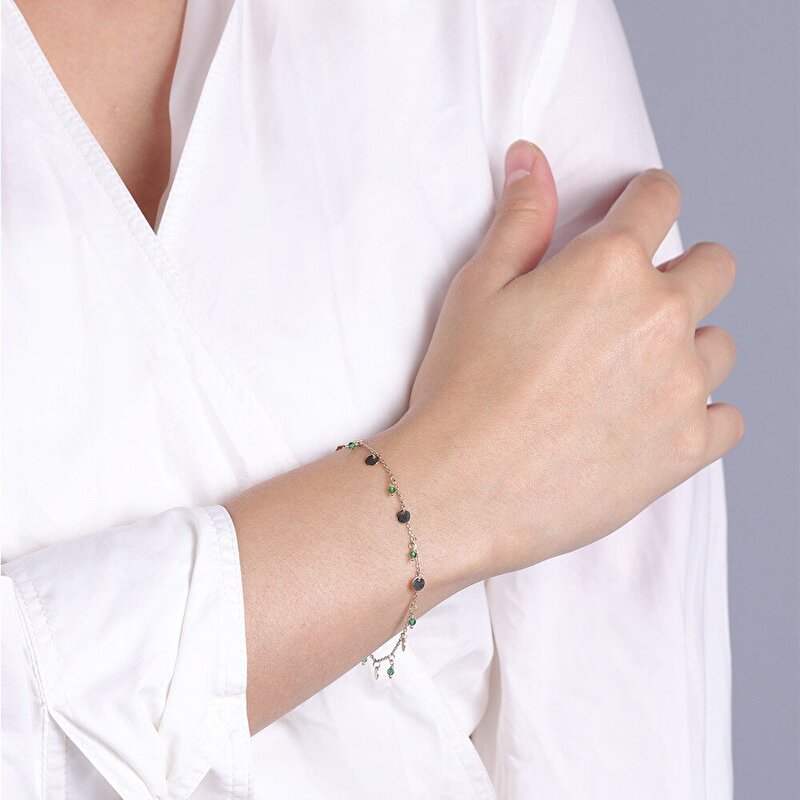 14 Ayar Sarı Altın Trend Yeşil Taşlı Bileklik