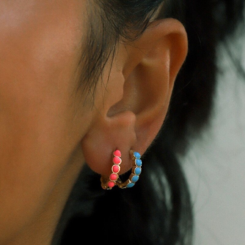 14 Ayar Sarı Altın Pembe Mineli Halka Küpe