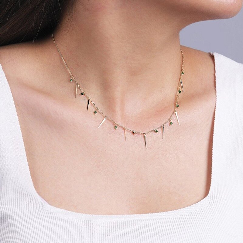 14 Ayar Sarı Altın Yeşil Taşlı Kolye