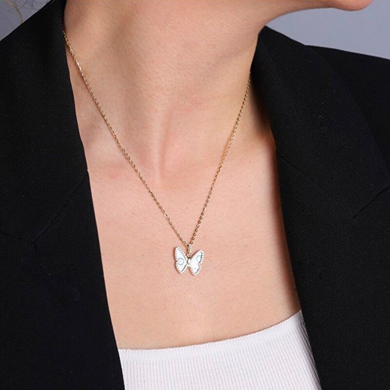 14 Ayar Sarı Altın Beyaz Mineli Kelebek Kolye