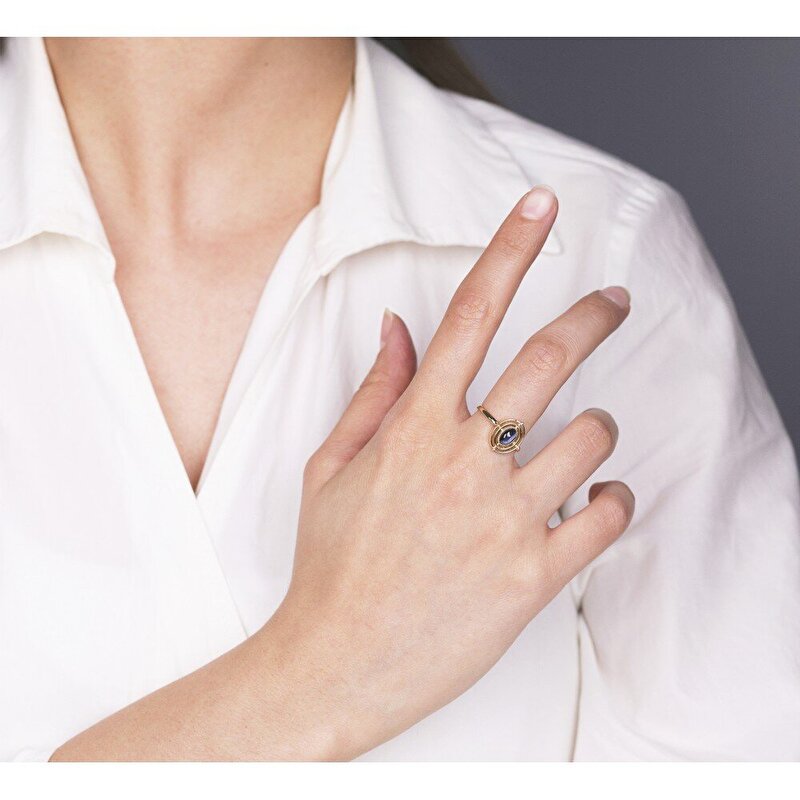 14 Ayar Sarı Altın Mavi Taşlı Yüzük