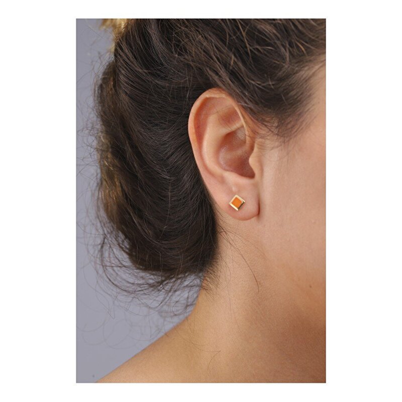 14 Ayar Turuncu Mineli Minimal Küpe