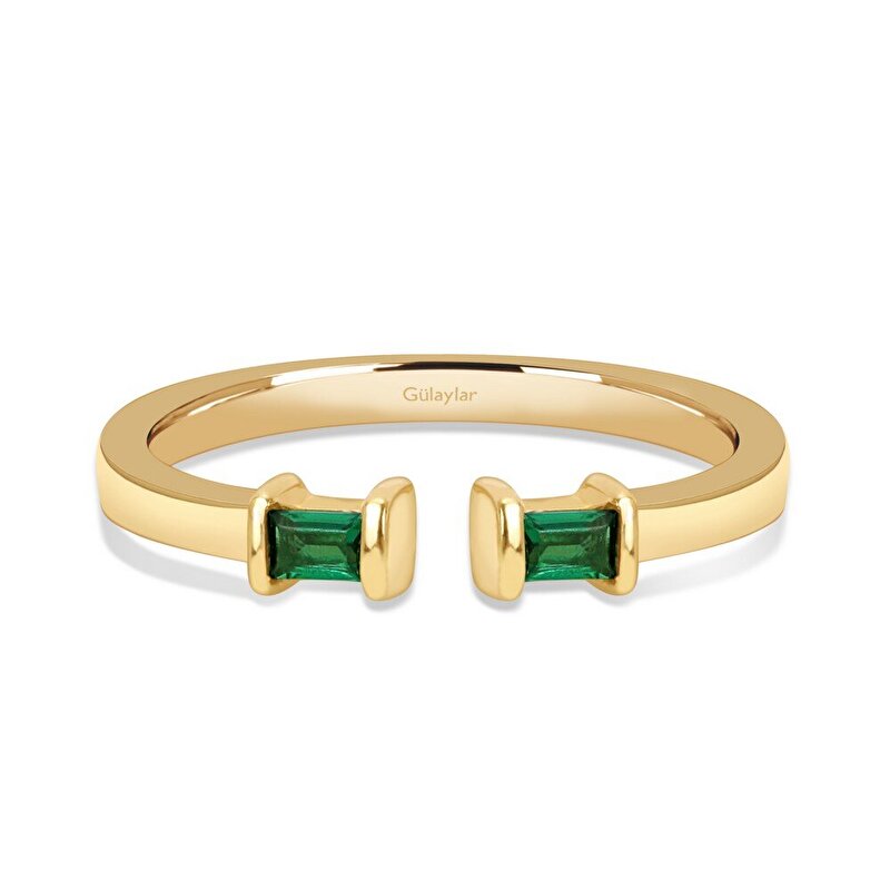 14 Ayar Sarı Altın Yeşil Taşlı Baget Yüzük