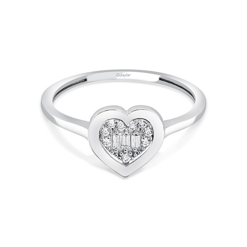 8 Ayar Beyaz Altın Baget Kalp Yüzük