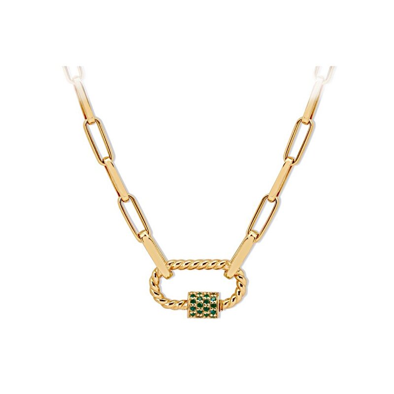 14 Ayar Sarı Altın Yeşil Taşlı Ataç  Zincir Kolye