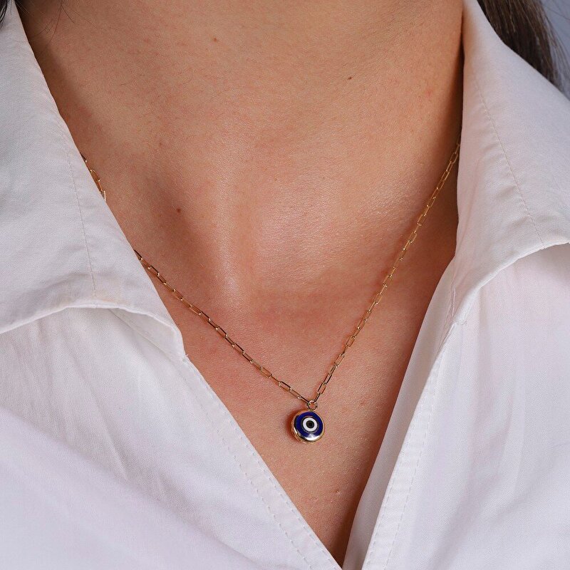 14 Ayar Sarı Altın Mavi Mineli Göz Kolye