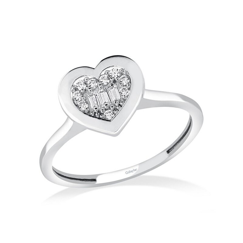 8 Ayar Beyaz Altın Baget Kalp Yüzük