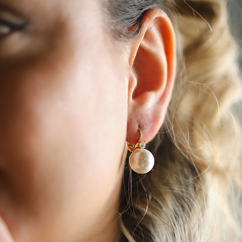 14 Ayar Sarı Altın İnci Küpe