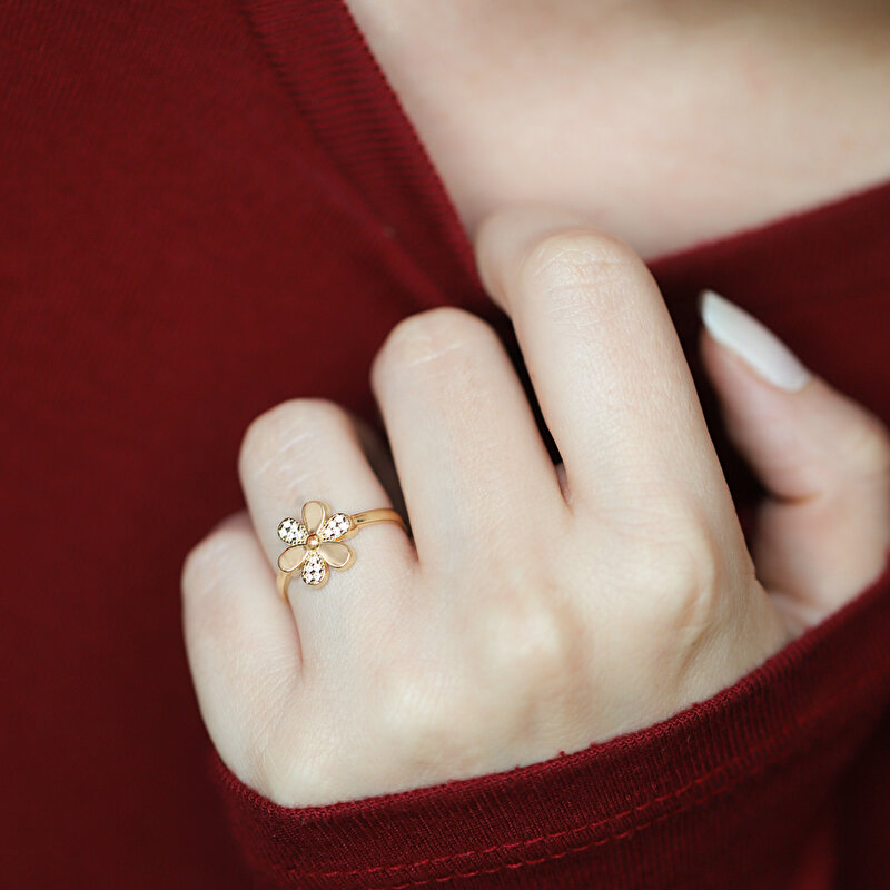 8 Ayar Sarı Altın Taşlı Çiçek Yüzük