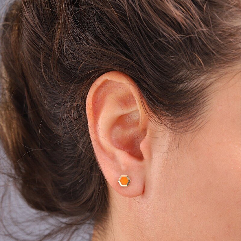 14 Ayar Turuncu Mineli Minimal Küpe