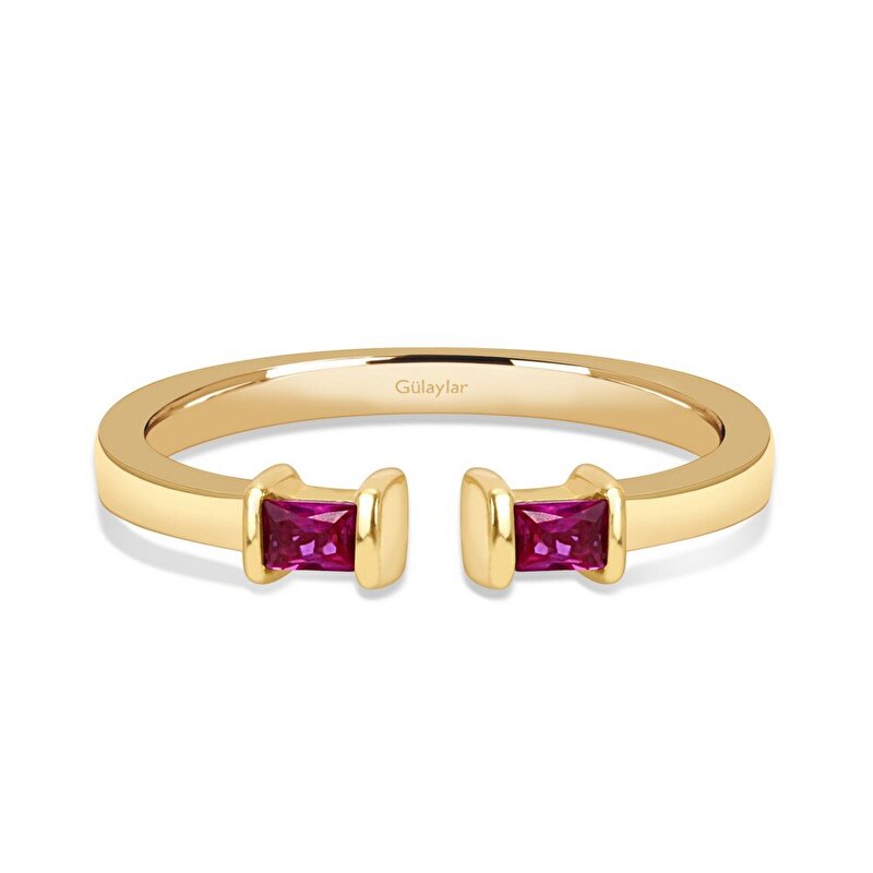 14 Ayar Sarı Altın Pembe Taşlı Baget Yüzük