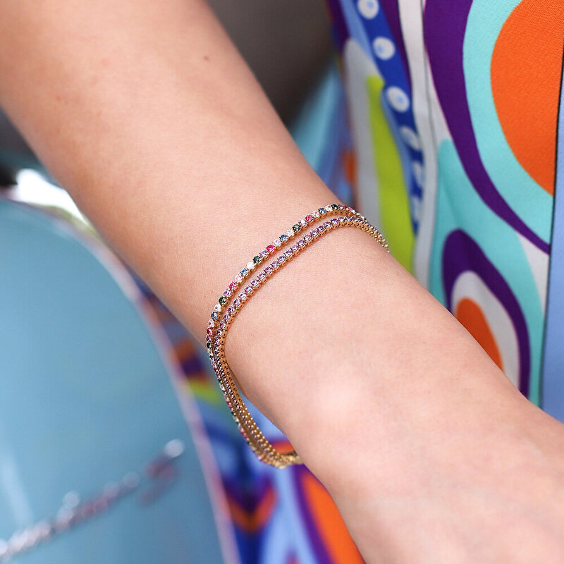 14 Ayar Sarı Altın Pembe Taşlı Su Yolu Bileklik