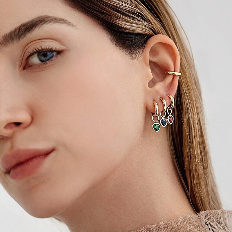 14 Ayar Sarı Altın Yeşil Taşlı Kalp Küpe