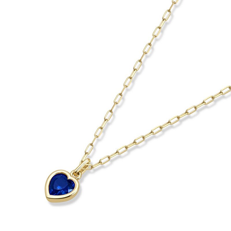14 Ayar Sarı Altın Mavi Taşlı Kalp Kolye