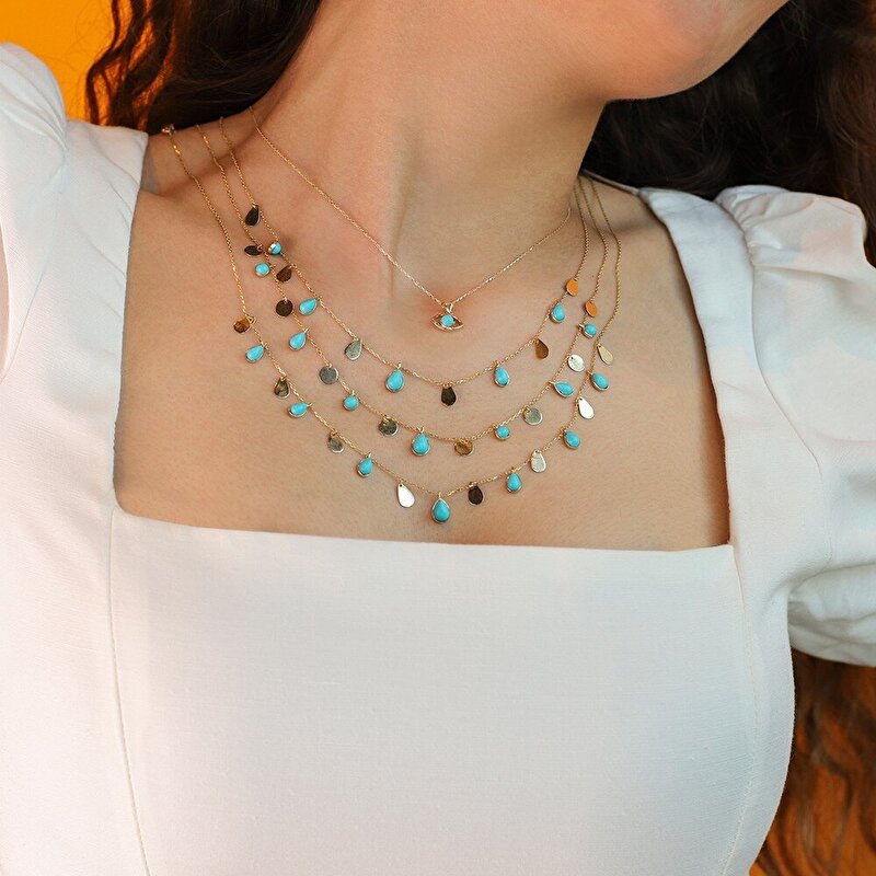 14 Ayar Sarı Altın Firuze Taşlı Kolye