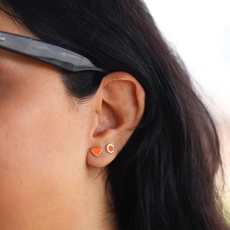 14 Ayar Sarı Altın Turuncu Mineli Kalp Küpe