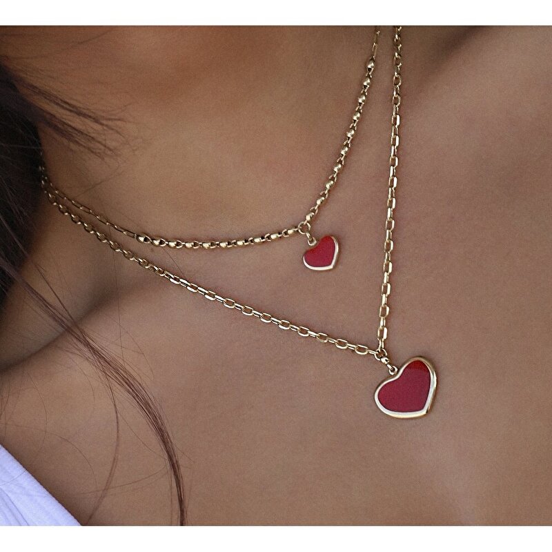 14 Ayar Sarı Altın Kırmızı Mineli Kalp Kolye