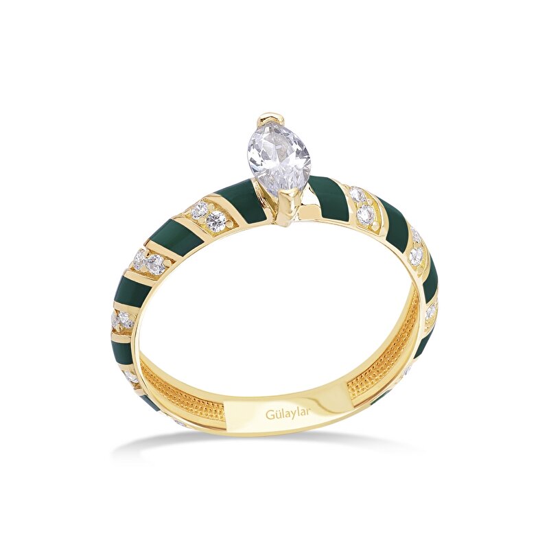 14 Ayar Sarı Altın Yeşil Mineli Yüzük