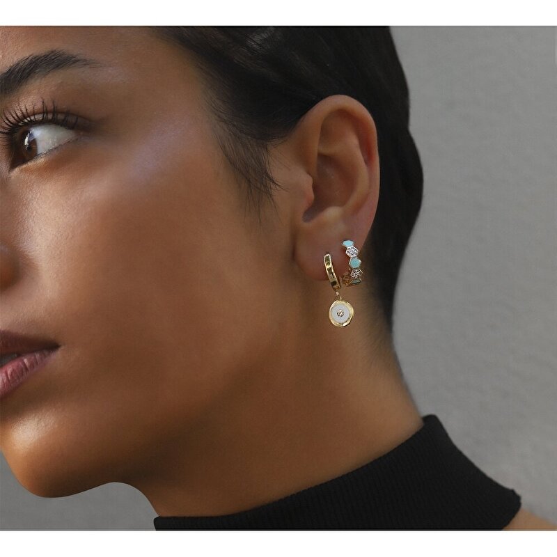 14 Ayar Sarı Altın Sallantılı Mineli Küpe