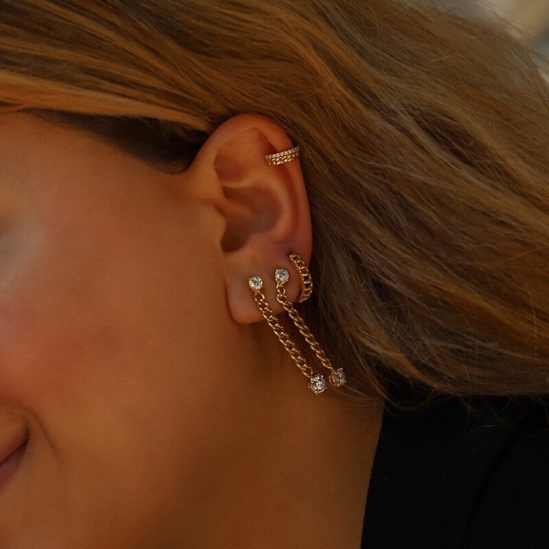 14 Ayar Sarı-Beyaz Altın Earcuff Küpe