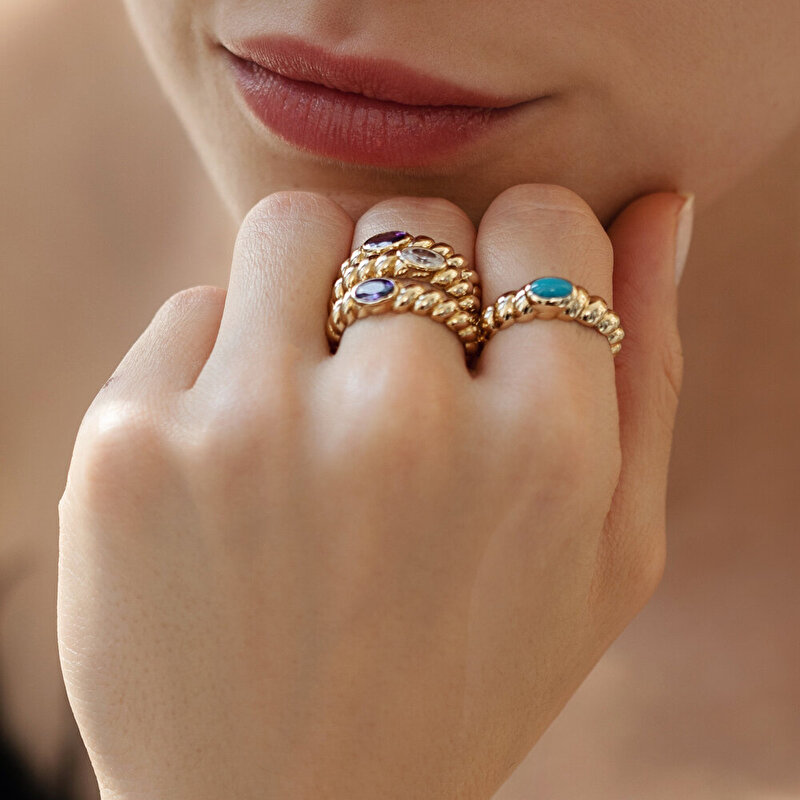 14 Ayar Sarı Altın Firuze Taşlı Burgu Yüzük