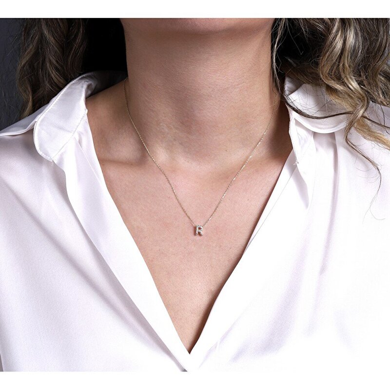 14 Ayar Sarı Altın R Harf Kolye