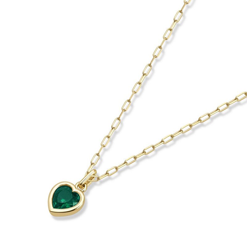 14 Ayar Sarı Altın Yeşil Taşlı Kalp Kolye